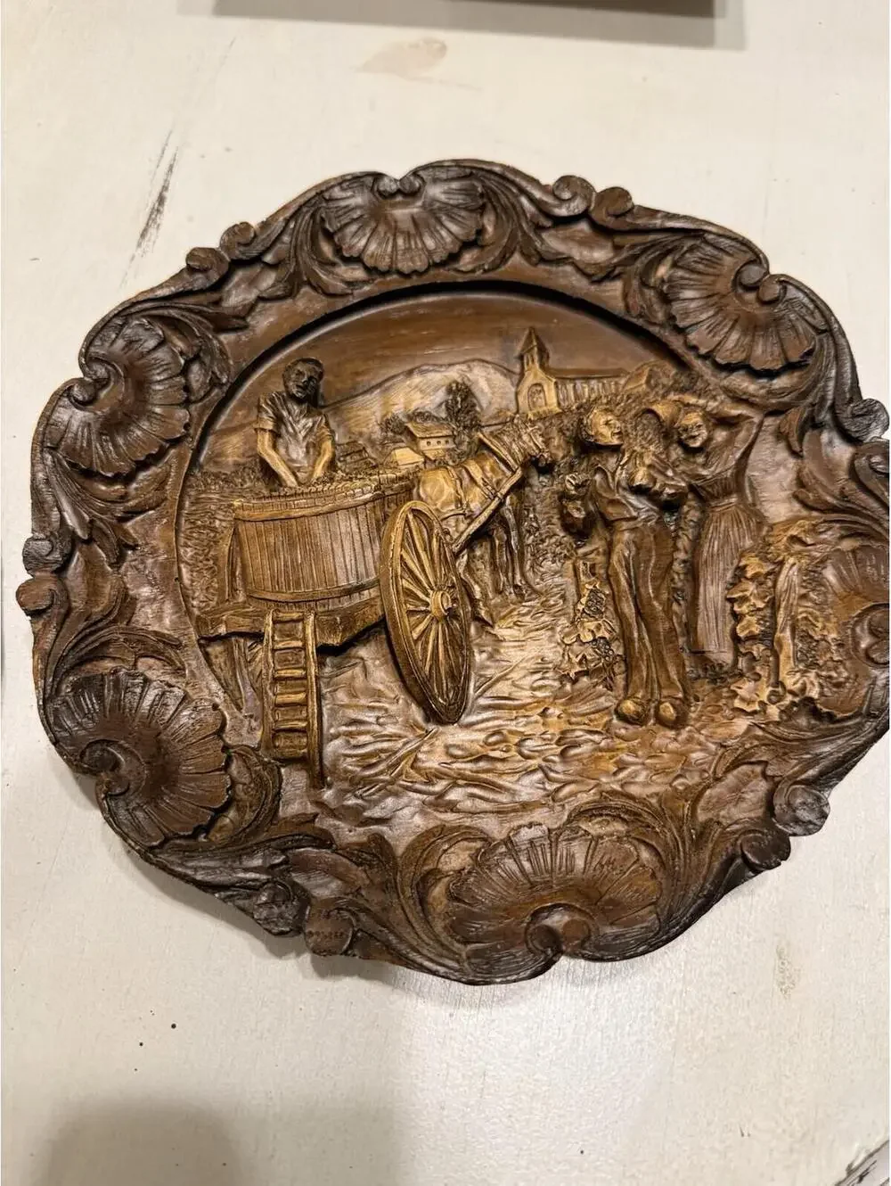 2 Vintage faux carved wood wall plaque/plates; colonial, country, farmhouse